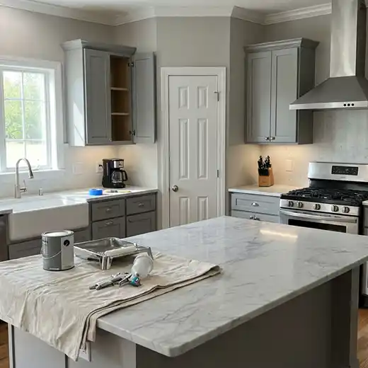 Kitchen cabinet painting setup with tools and materials prepared for refinishing.